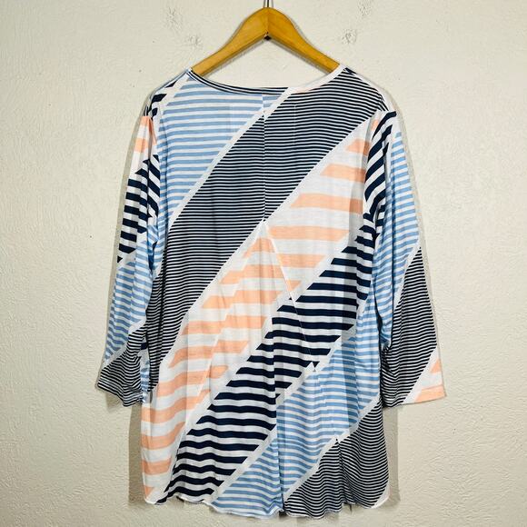 Pleats Collection V Neck Stripe Tee 3/4 Sleeve Casual Pullover Loose Fit - L - Picture 3 of 4